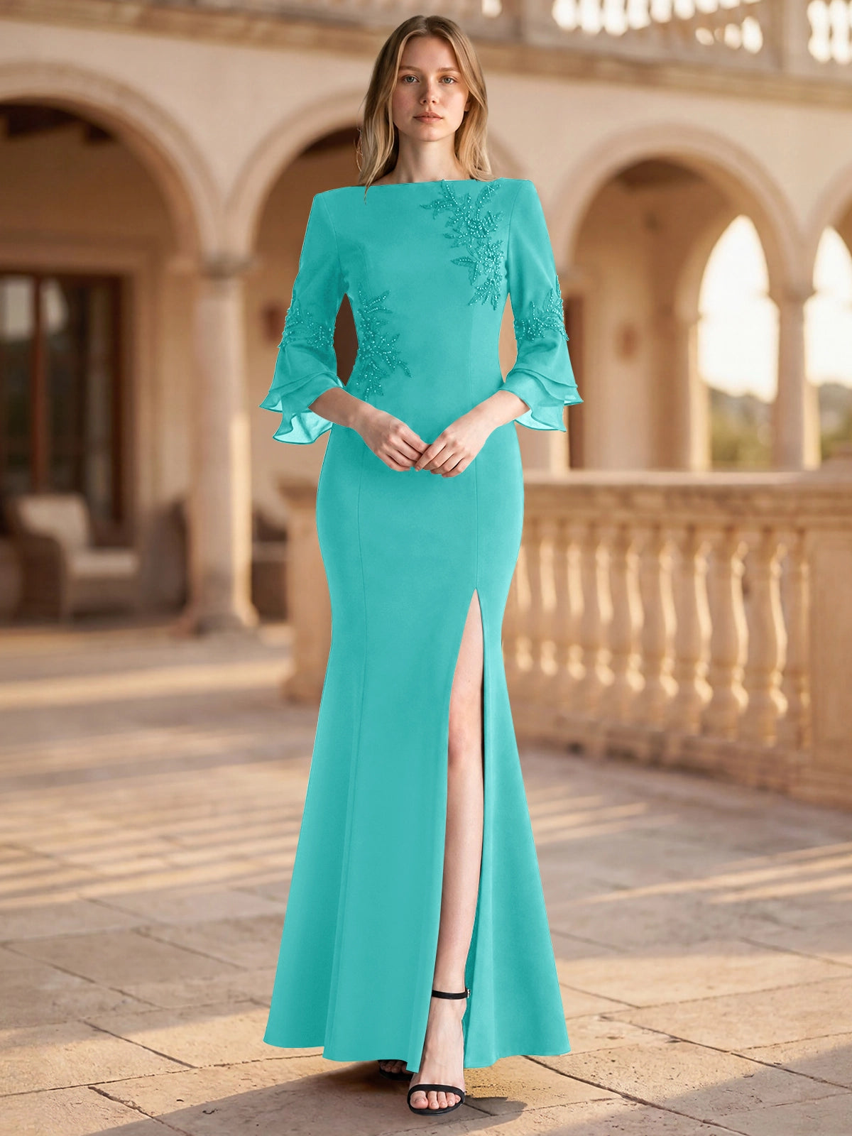 Chiffon Mother of the Bride Dress with 3/4 Sleeves