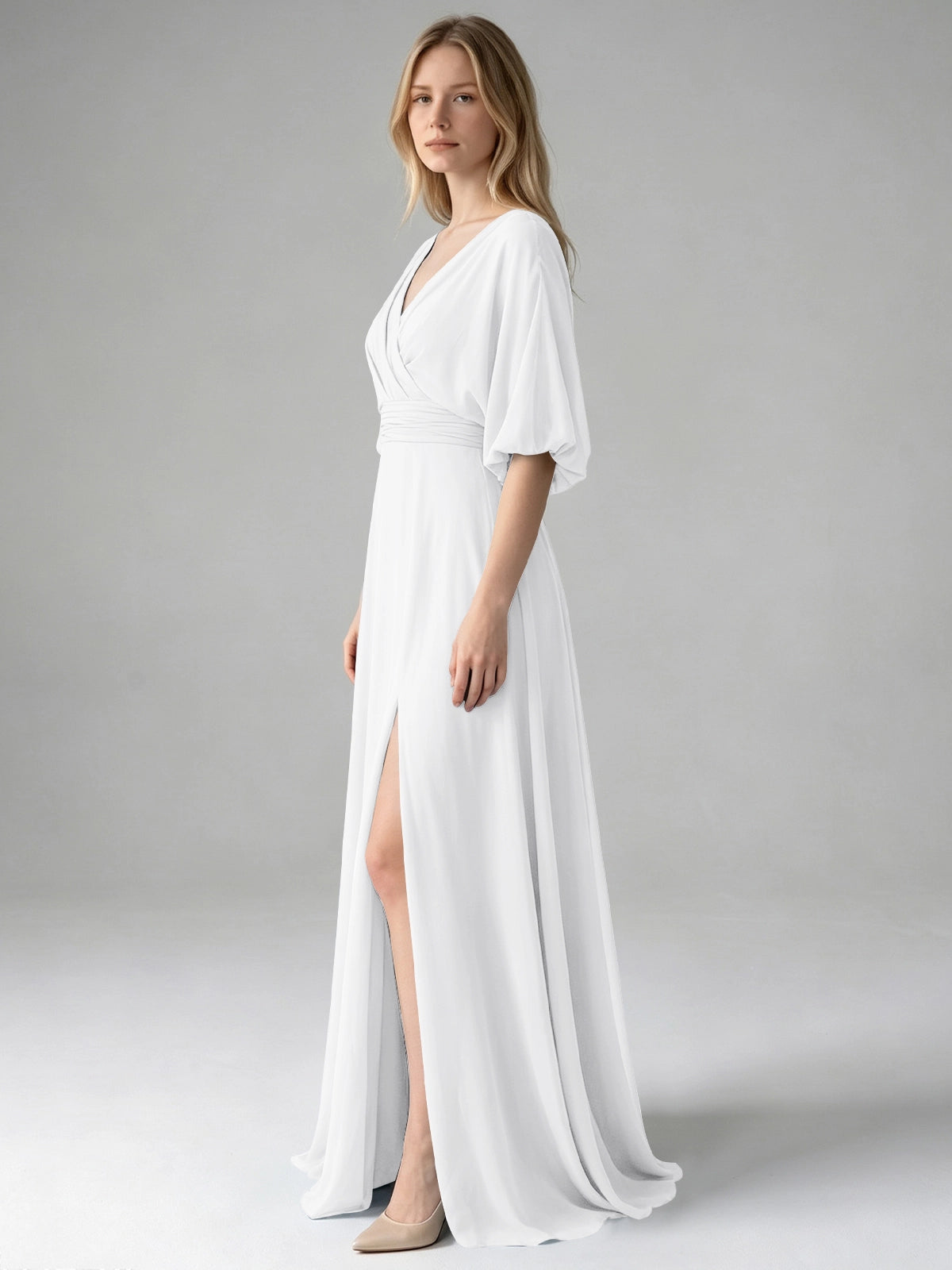 V-neck Slit Ruched Mother Dress 