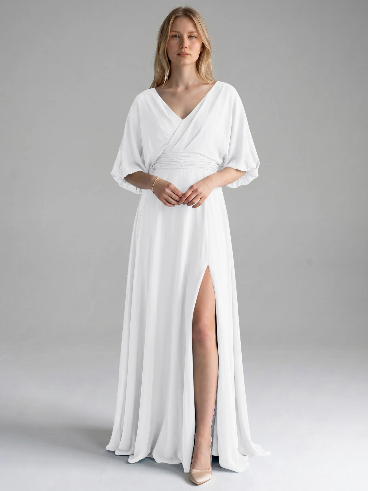 V-neck Slit Ruched Mother Dress 
