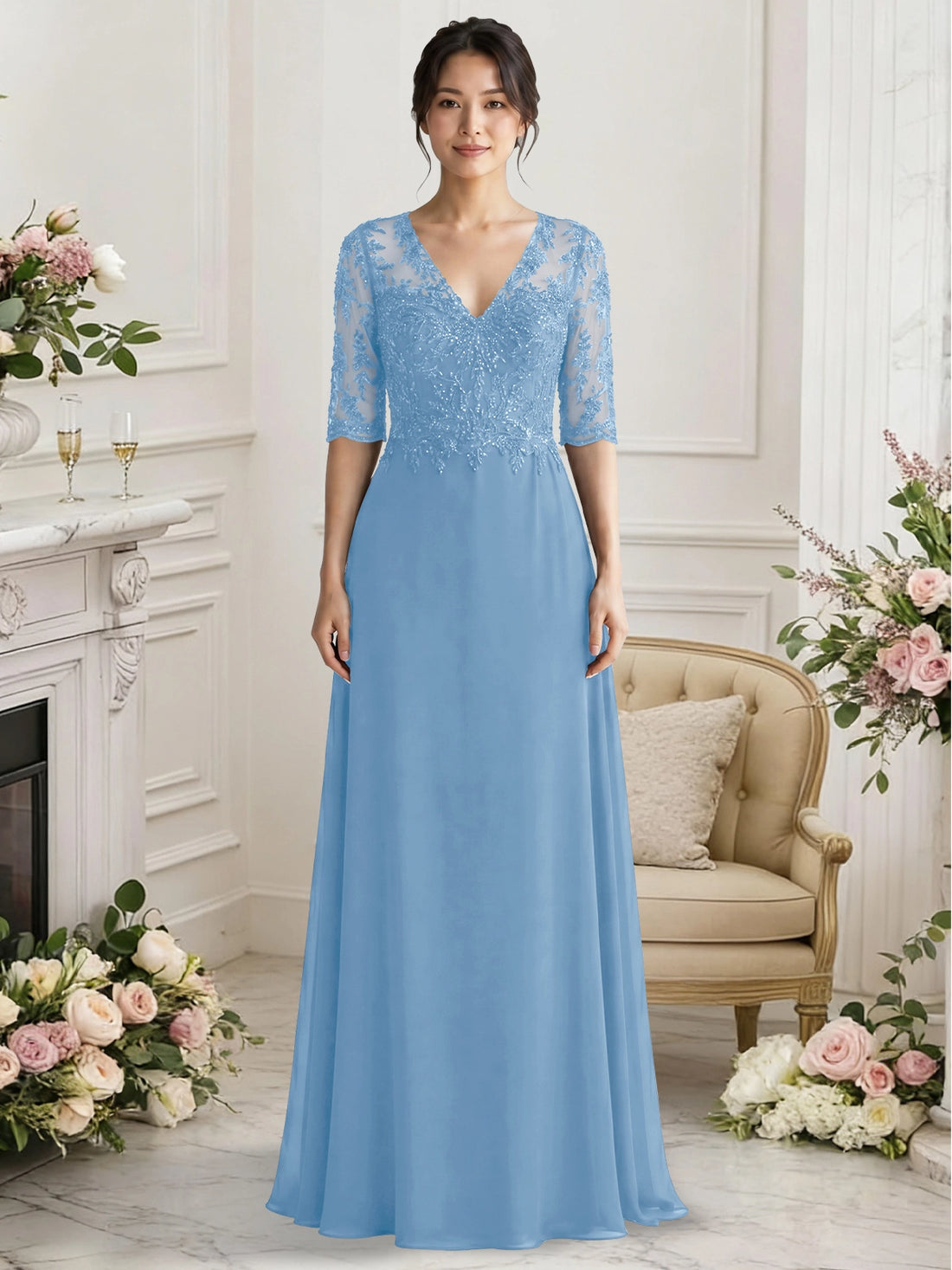 Lace Mother of the Bride Dress with Half Sleeves
