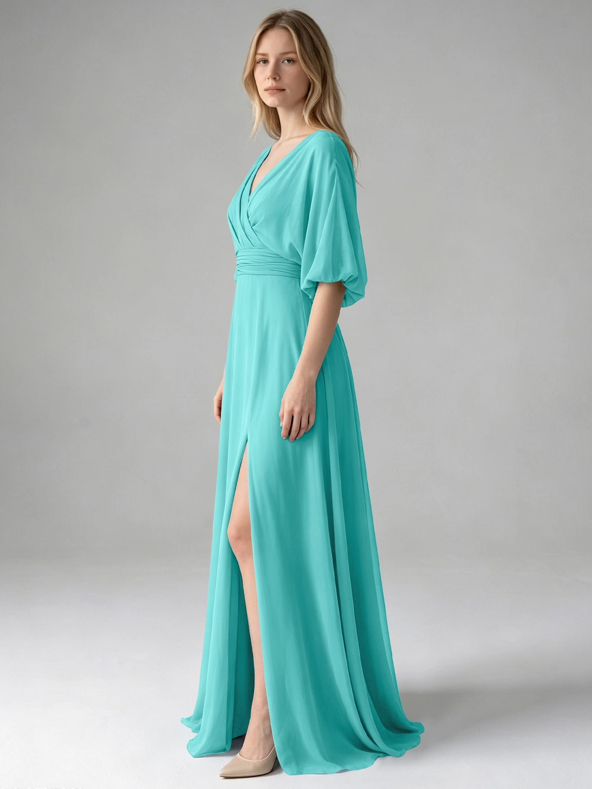 V-neck Slit Ruched Mother Dress 