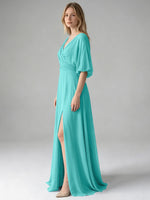V-neck Slit Ruched Mother Dress 