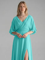 V-neck Slit Ruched Mother Dress 
