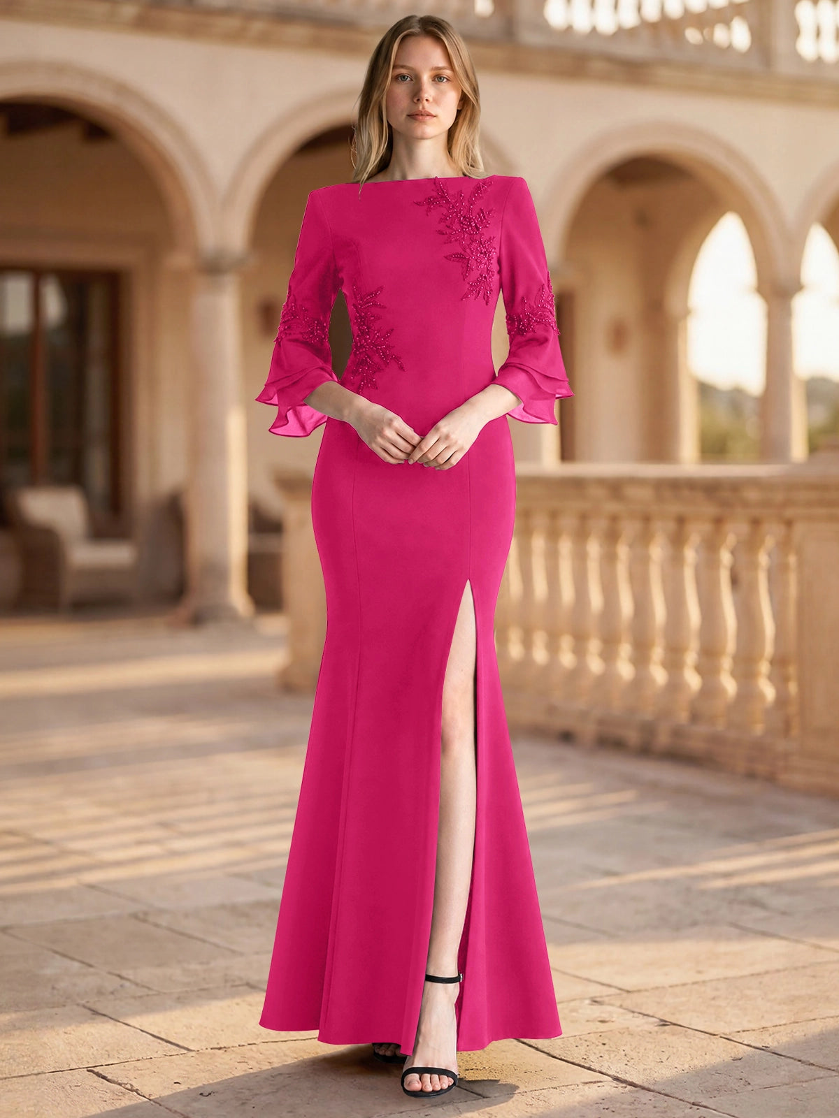 Chiffon Mother of the Bride Dress with 3/4 Sleeves