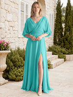 V-neck Slit Ruched Mother Dress 