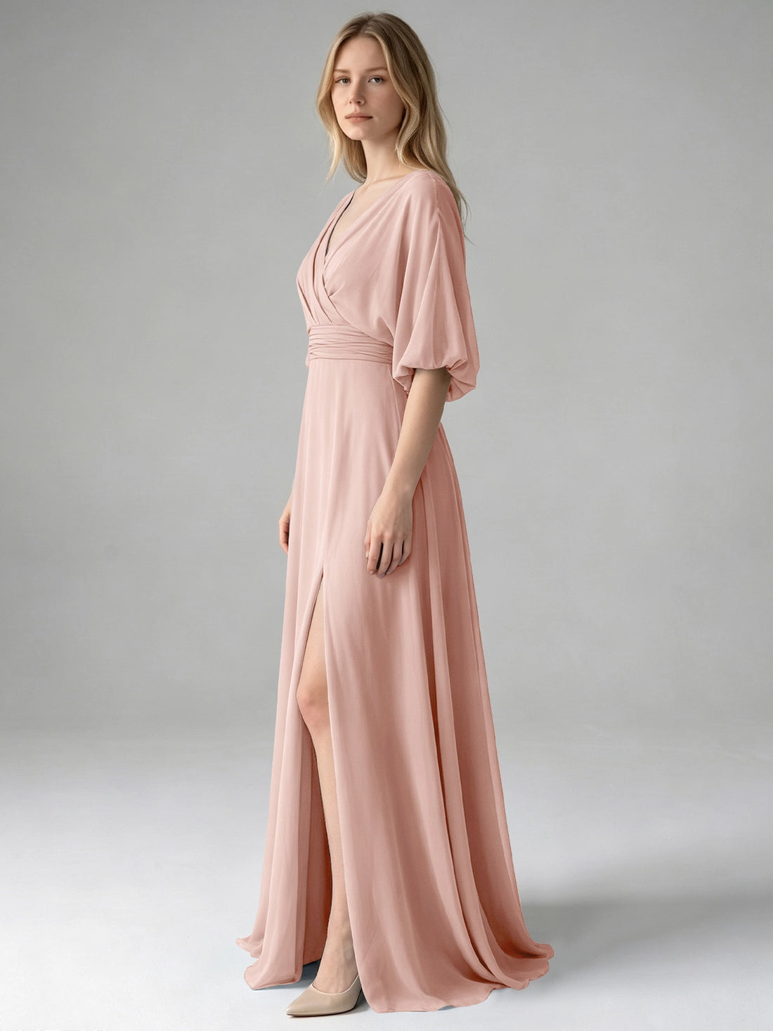 V-neck Slit Ruched Mother Dress 