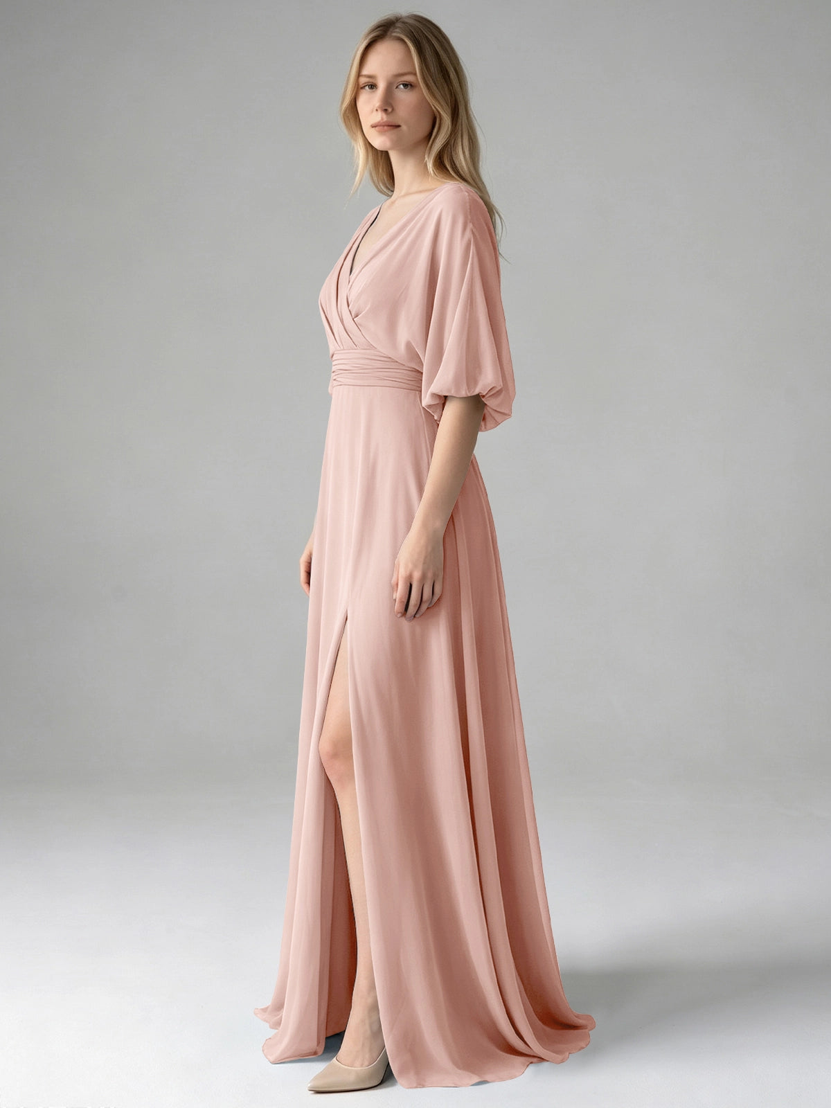 V-neck Slit Ruched Mother Dress 