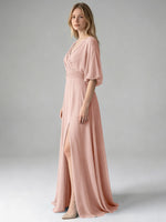 V-neck Slit Ruched Mother Dress 