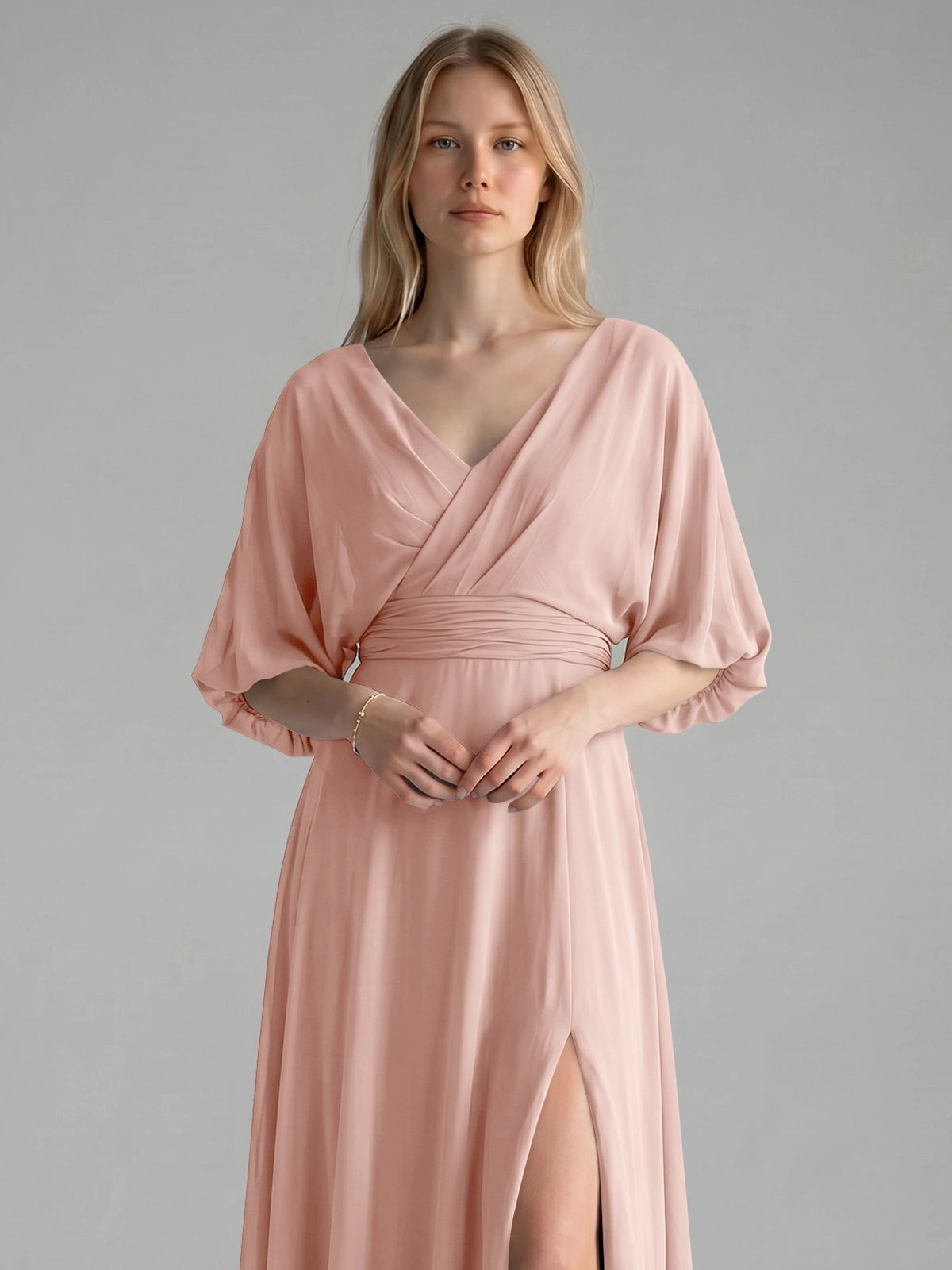 V-neck Slit Ruched Mother Dress 