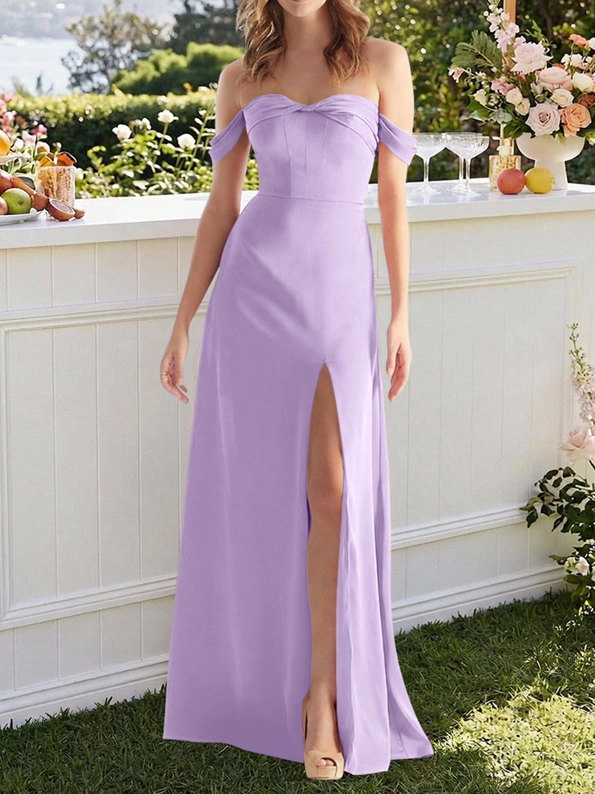 Off-the-Shoulder Slit Bridesmaid Dress 