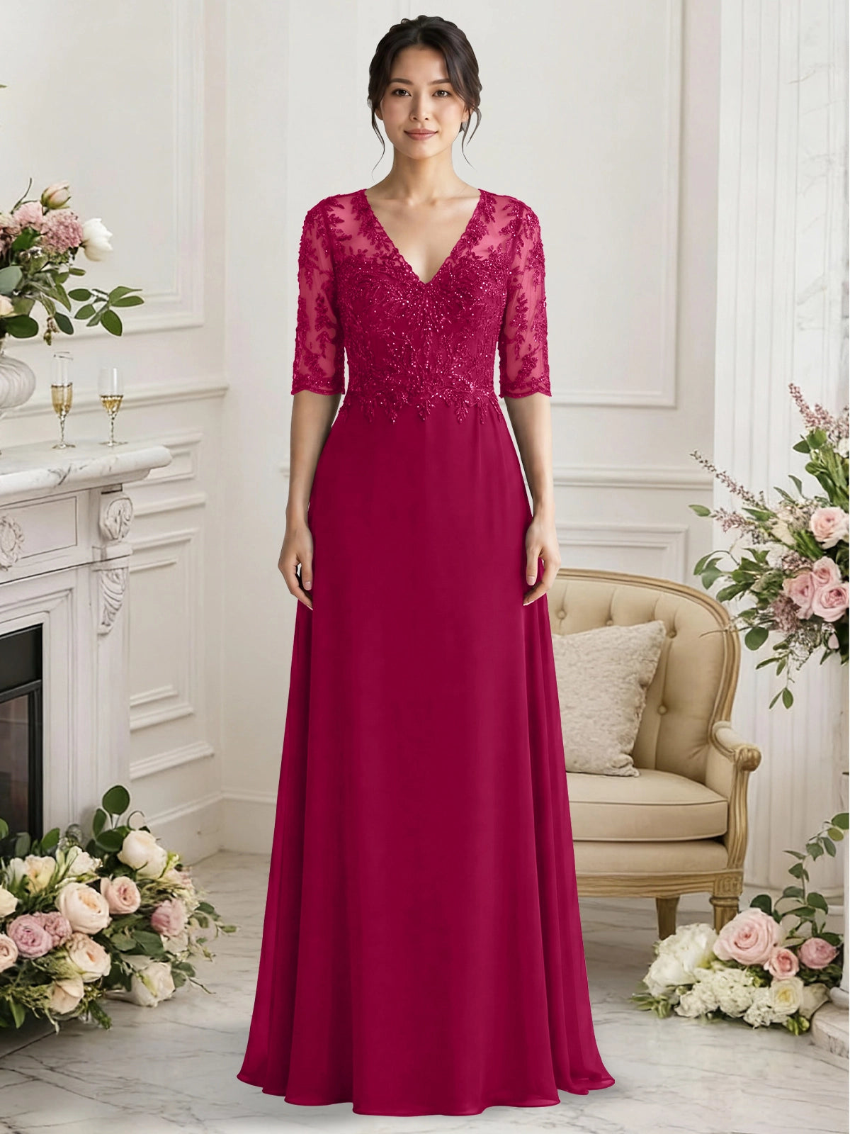 Lace Mother of the Bride Dress with Half Sleeves