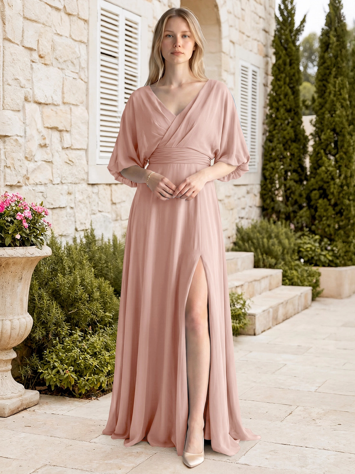 V-neck Slit Ruched Mother Dress 