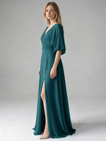 V-neck Slit Ruched Mother Dress 