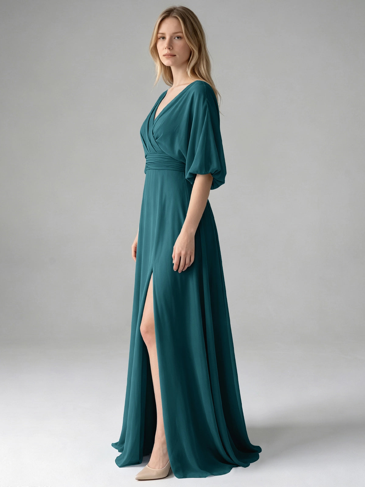 V-neck Slit Ruched Mother Dress 