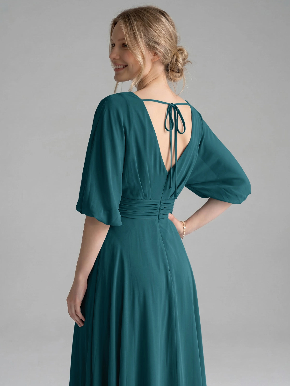 V-neck Slit Ruched Mother Dress 