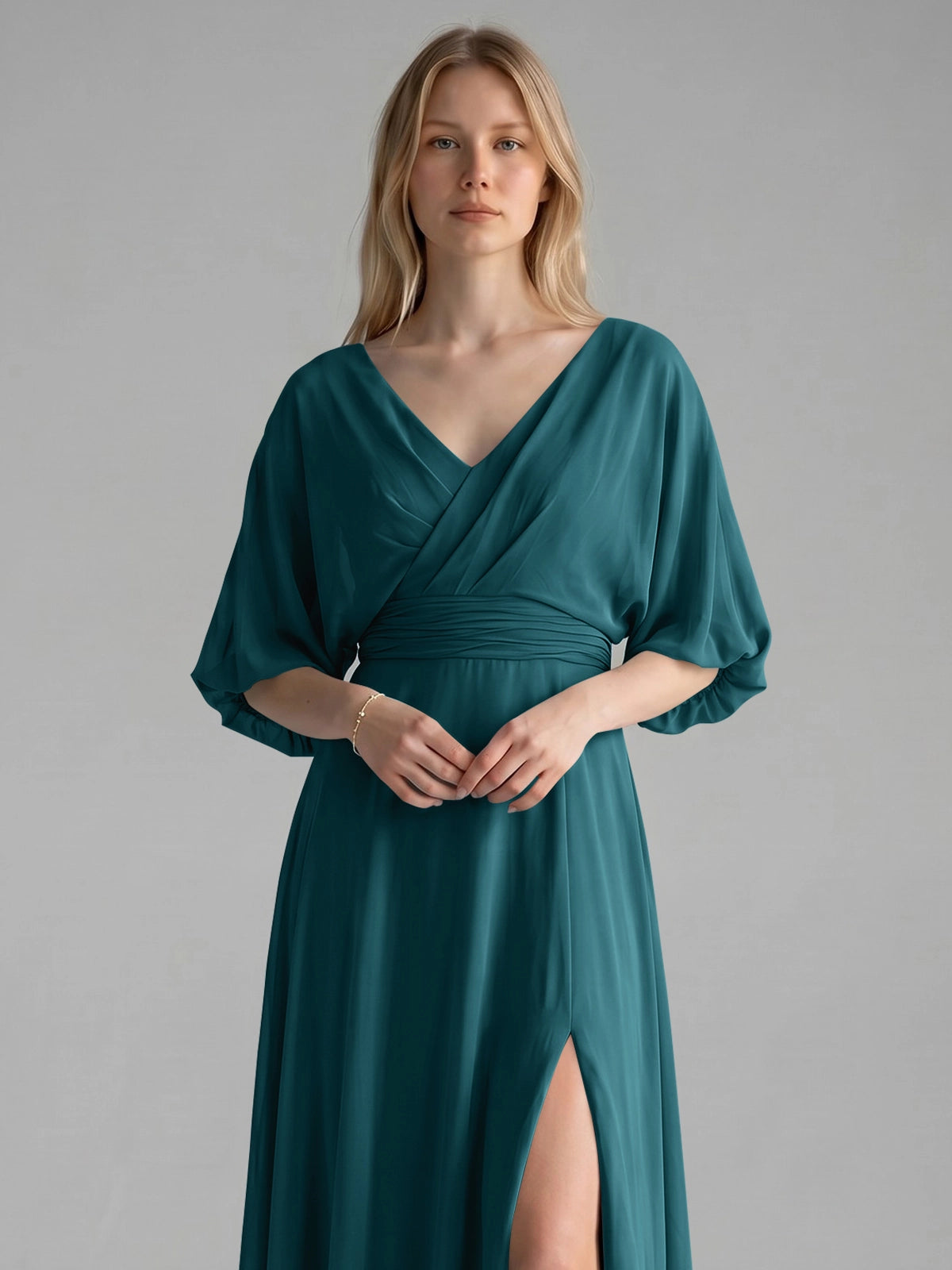 V-neck Slit Ruched Mother Dress 