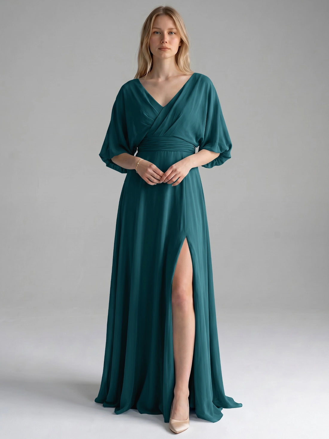 V-neck Slit Ruched Mother Dress 