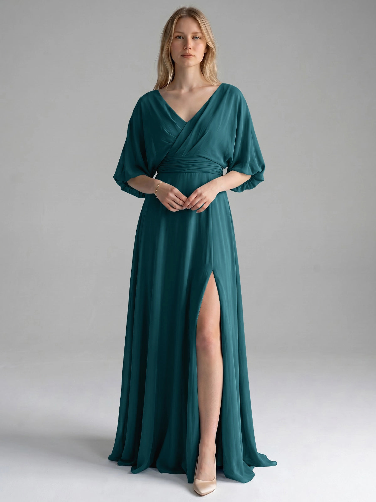 V-neck Slit Ruched Mother Dress 