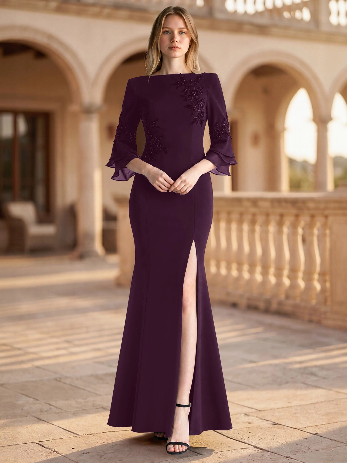 Chiffon Mother of the Bride Dress with 3/4 Sleeves