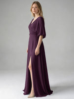 V-neck Slit Ruched Mother Dress 