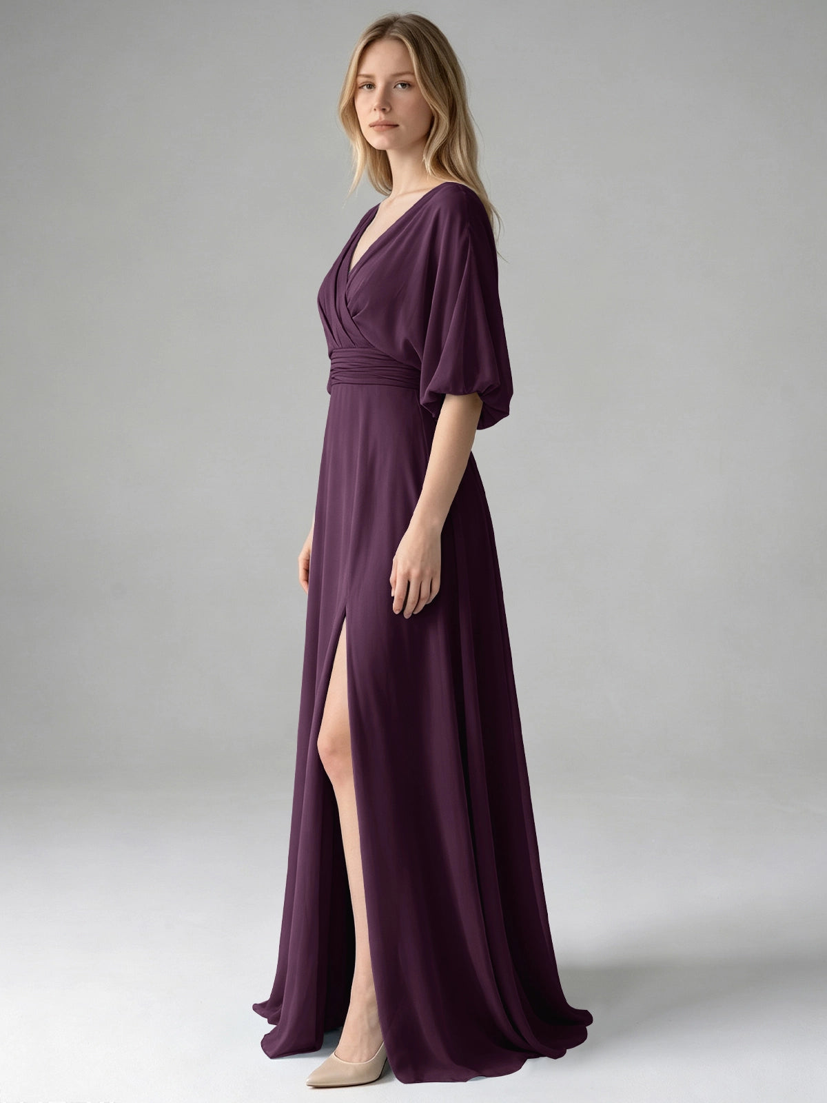 V-neck Slit Ruched Mother Dress 