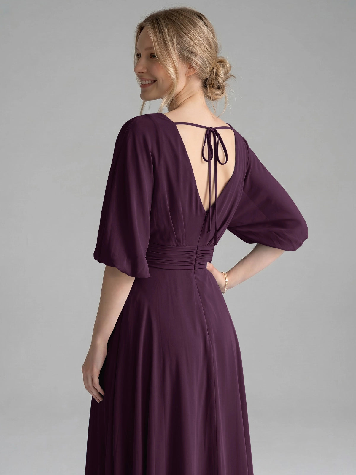 V-neck Slit Ruched Mother Dress 
