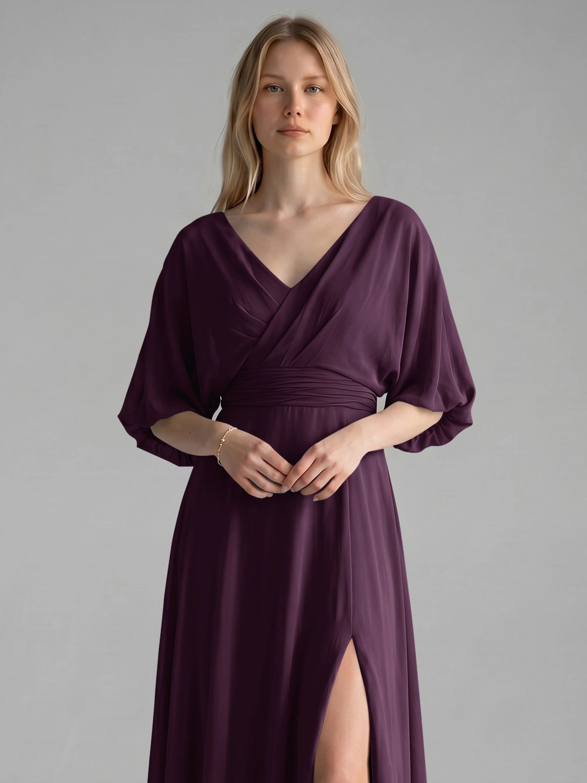 V-neck Slit Ruched Mother Dress 