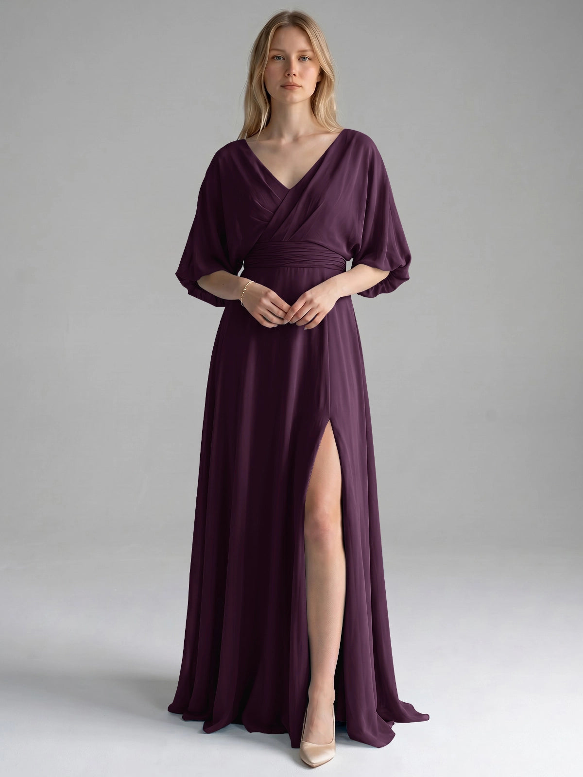 V-neck Slit Ruched Mother Dress 