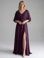 V-neck Slit Ruched Mother Dress 