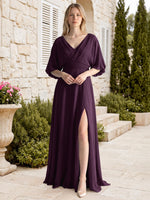 V-neck Slit Ruched Mother Dress 