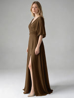 V-neck Slit Ruched Mother Dress 