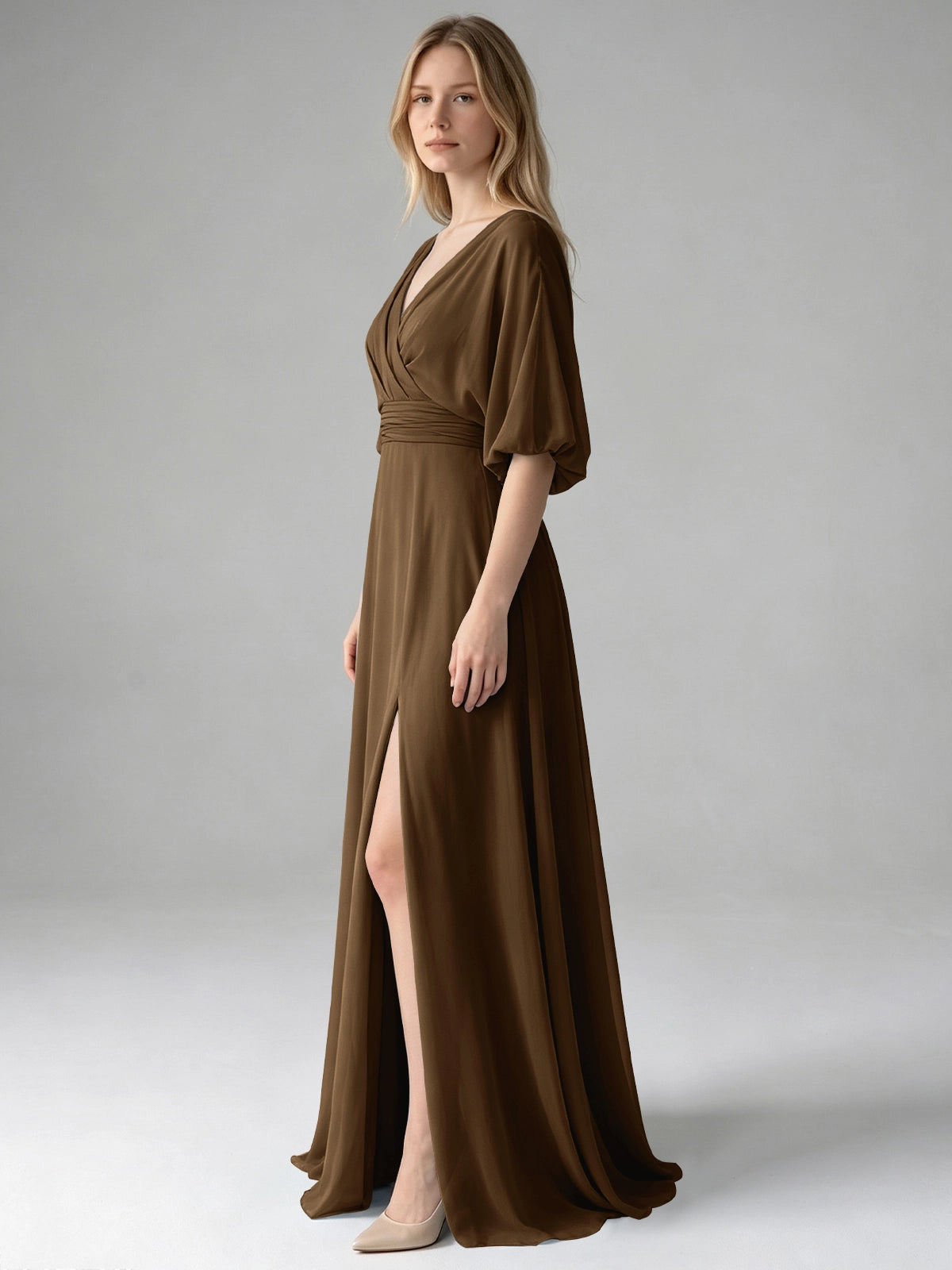 V-neck Slit Ruched Mother Dress 