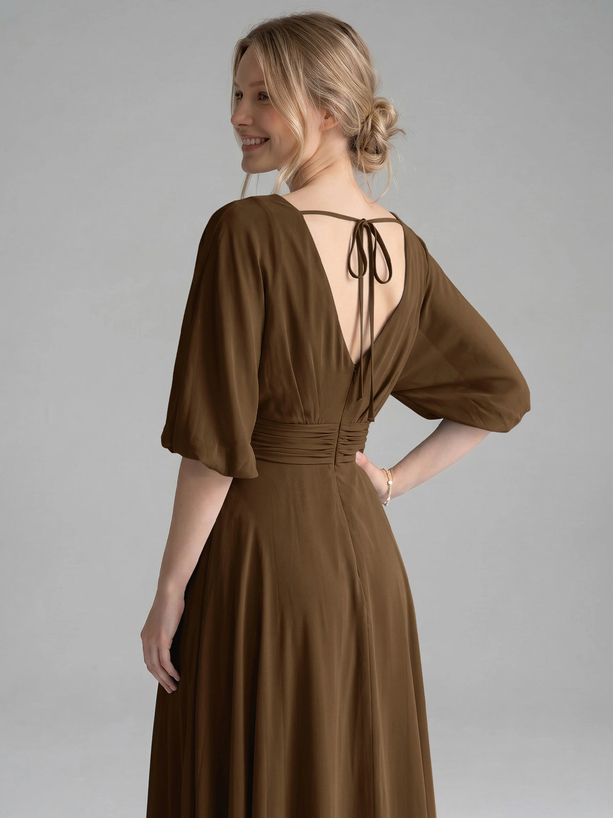 V-neck Slit Ruched Mother Dress 