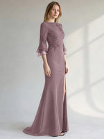 Chiffon Mother of the Bride Dress with 3/4 Sleeves