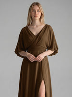 V-neck Slit Ruched Mother Dress 