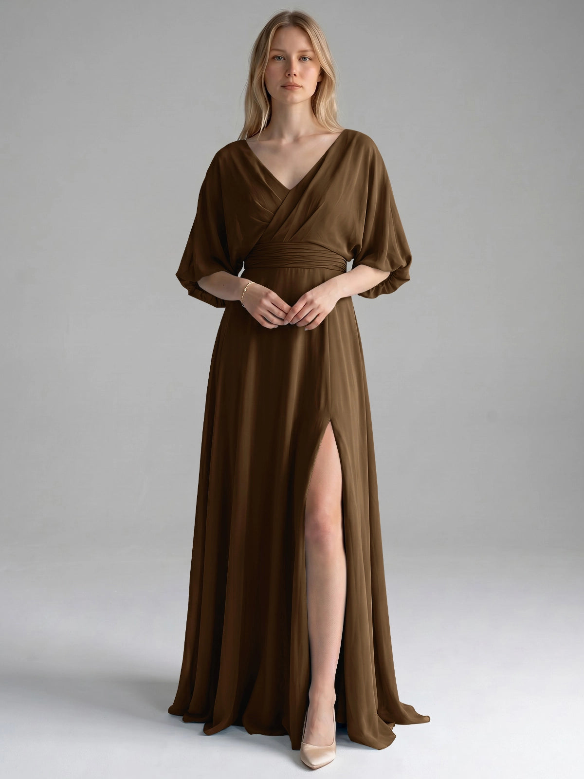 V-neck Slit Ruched Mother Dress 