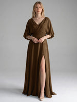 V-neck Slit Ruched Mother Dress 