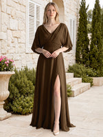 V-neck Slit Ruched Mother Dress 