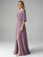 V-neck Slit Ruched Mother Dress 