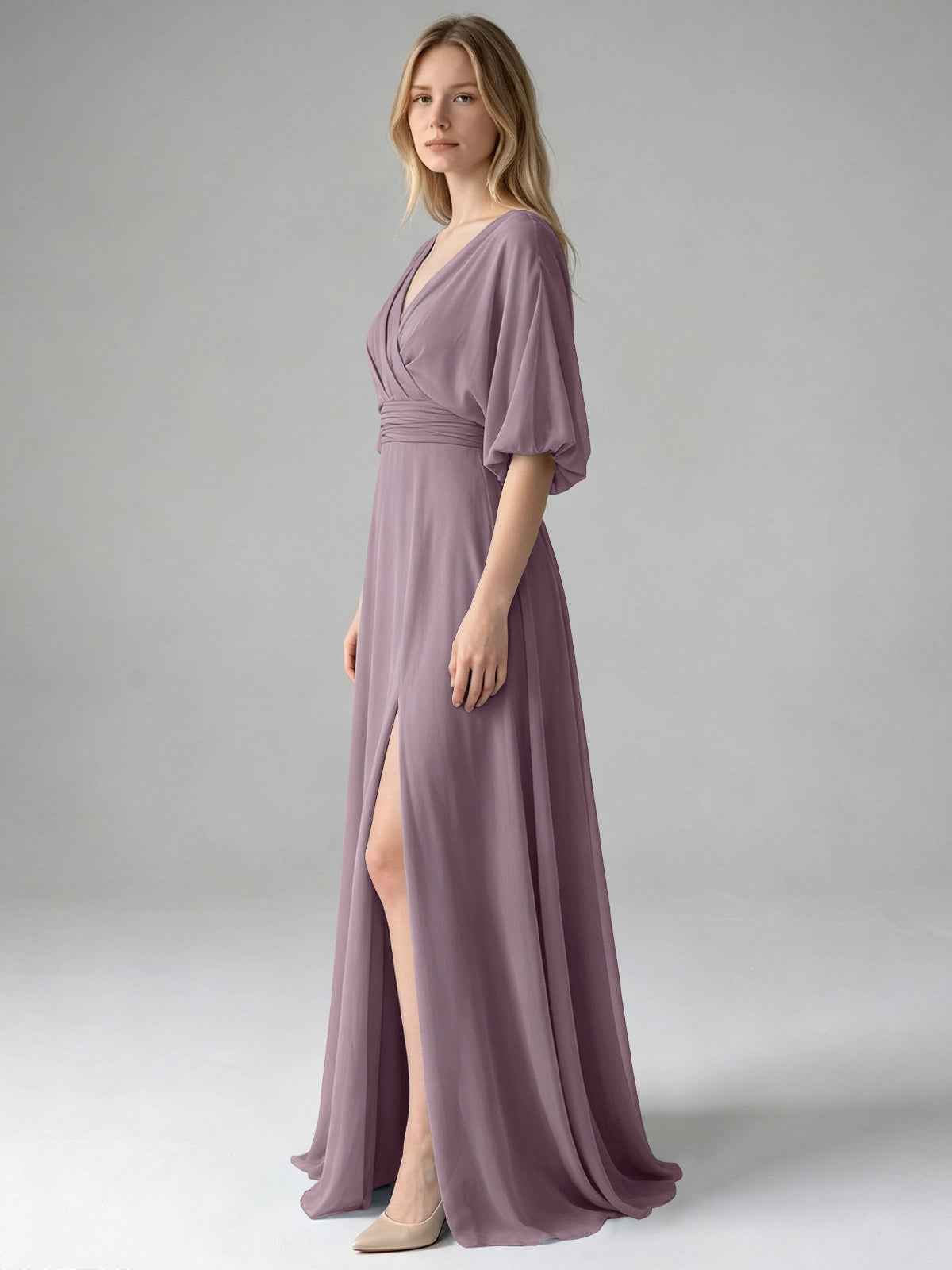 V-neck Slit Ruched Mother Dress 