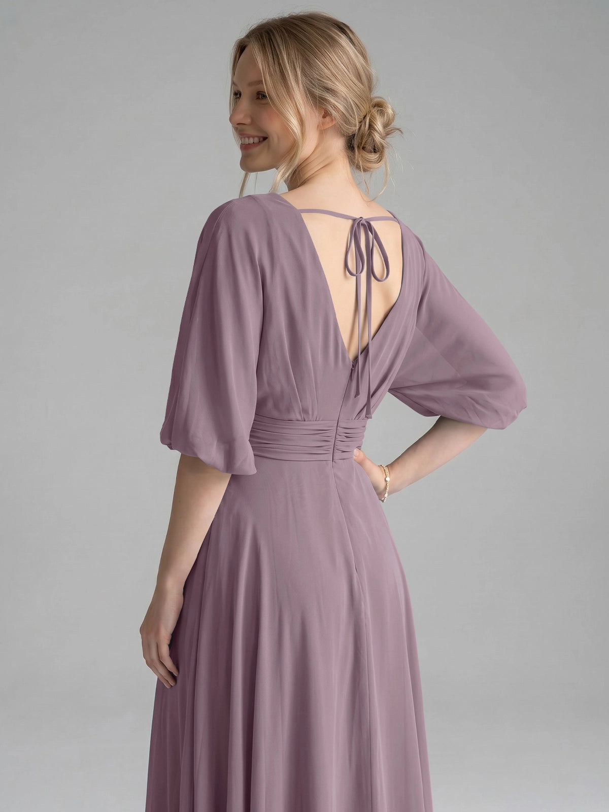 V-neck Slit Ruched Mother Dress 