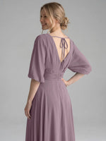 V-neck Slit Ruched Mother Dress 