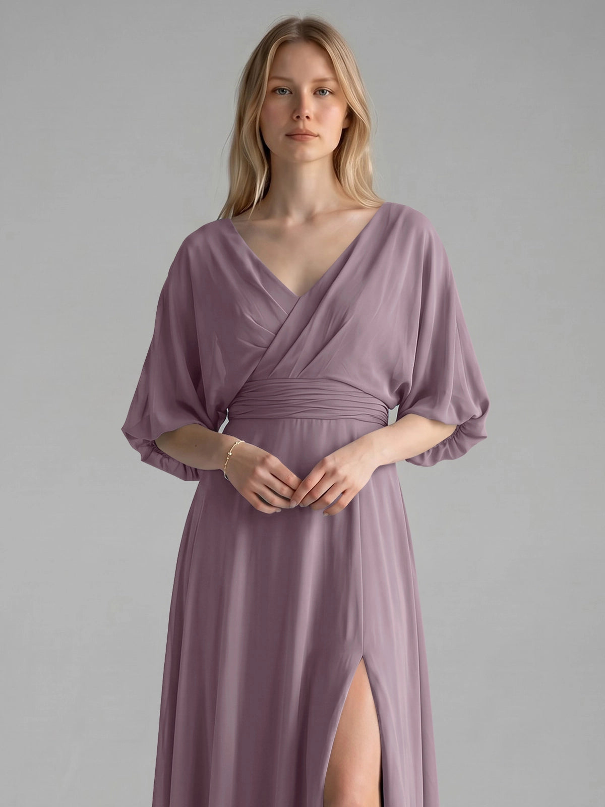 V-neck Slit Ruched Mother Dress 