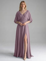V-neck Slit Ruched Mother Dress 