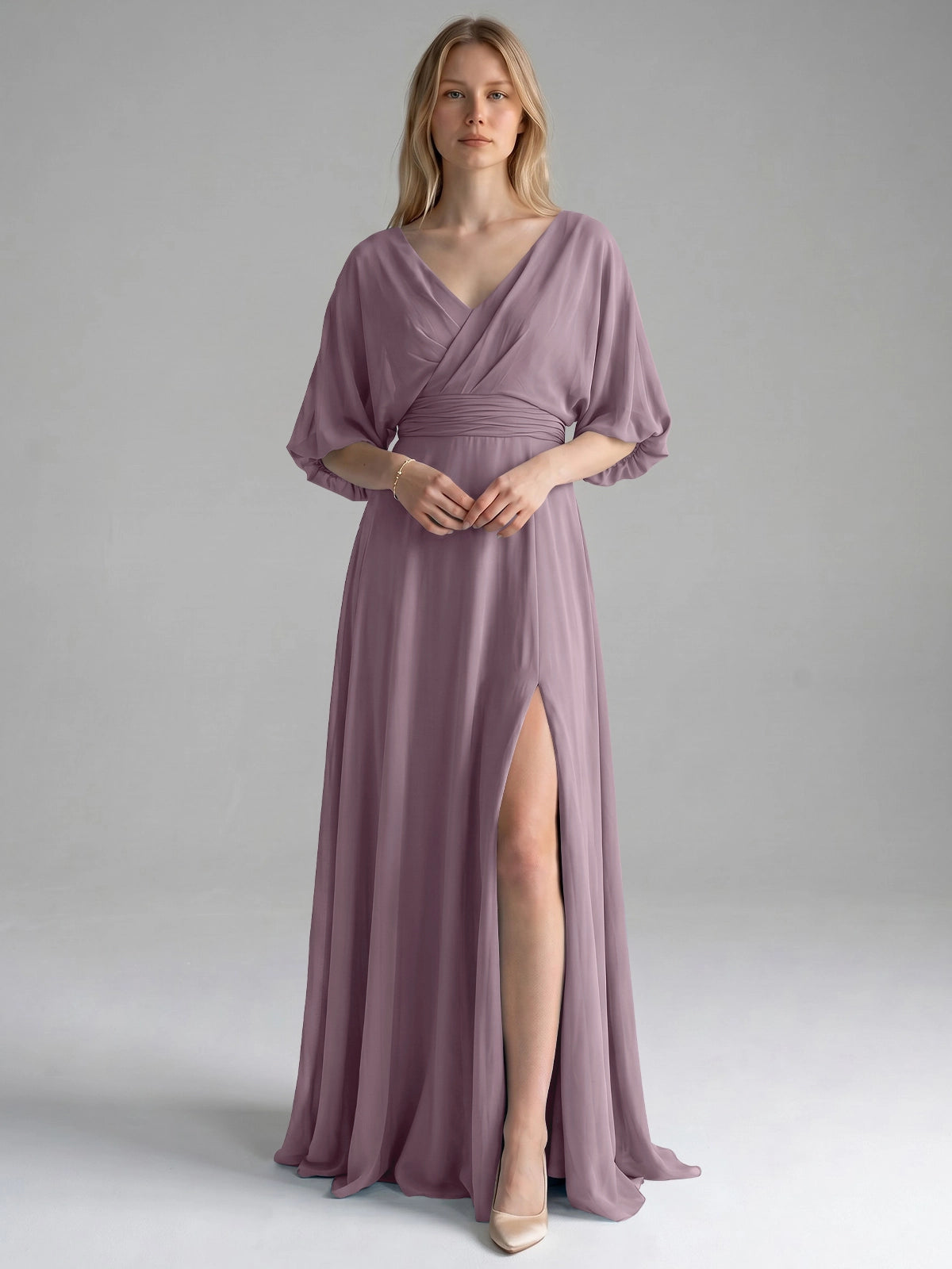 V-neck Slit Ruched Mother Dress 