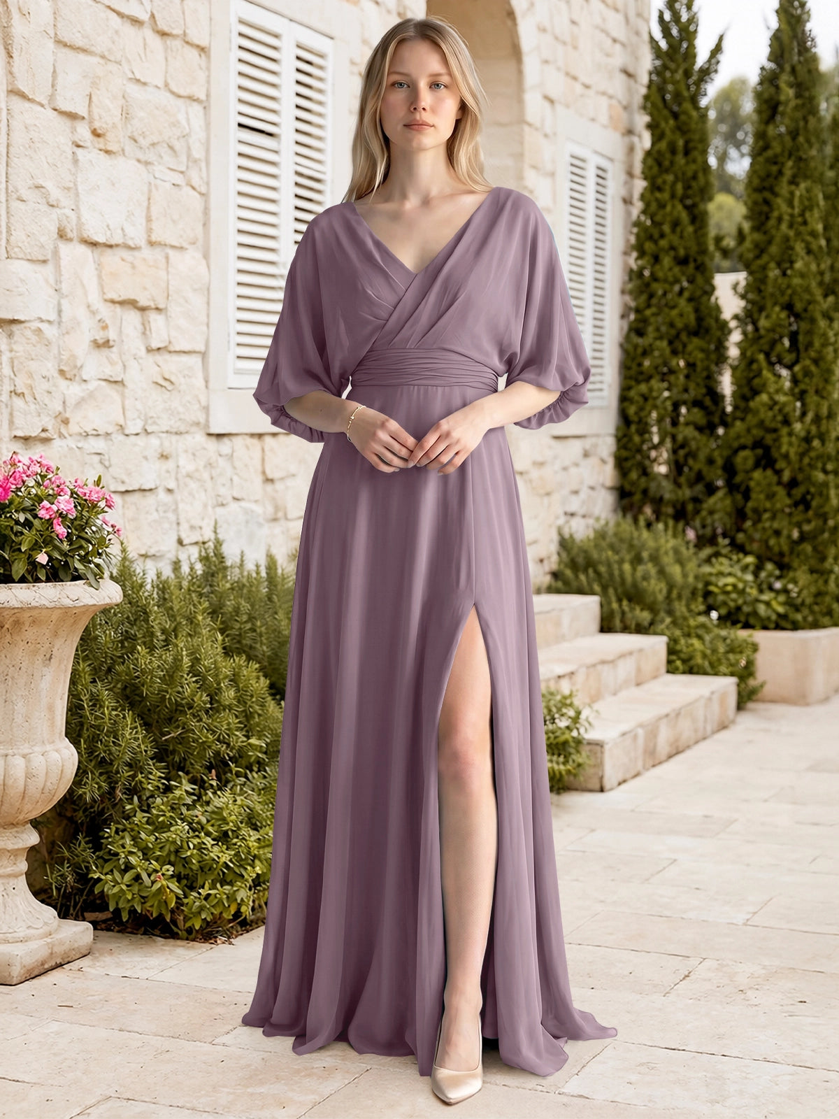 V-neck Slit Ruched Mother Dress 