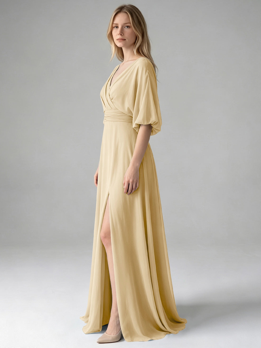 V-neck Slit Ruched Mother Dress 