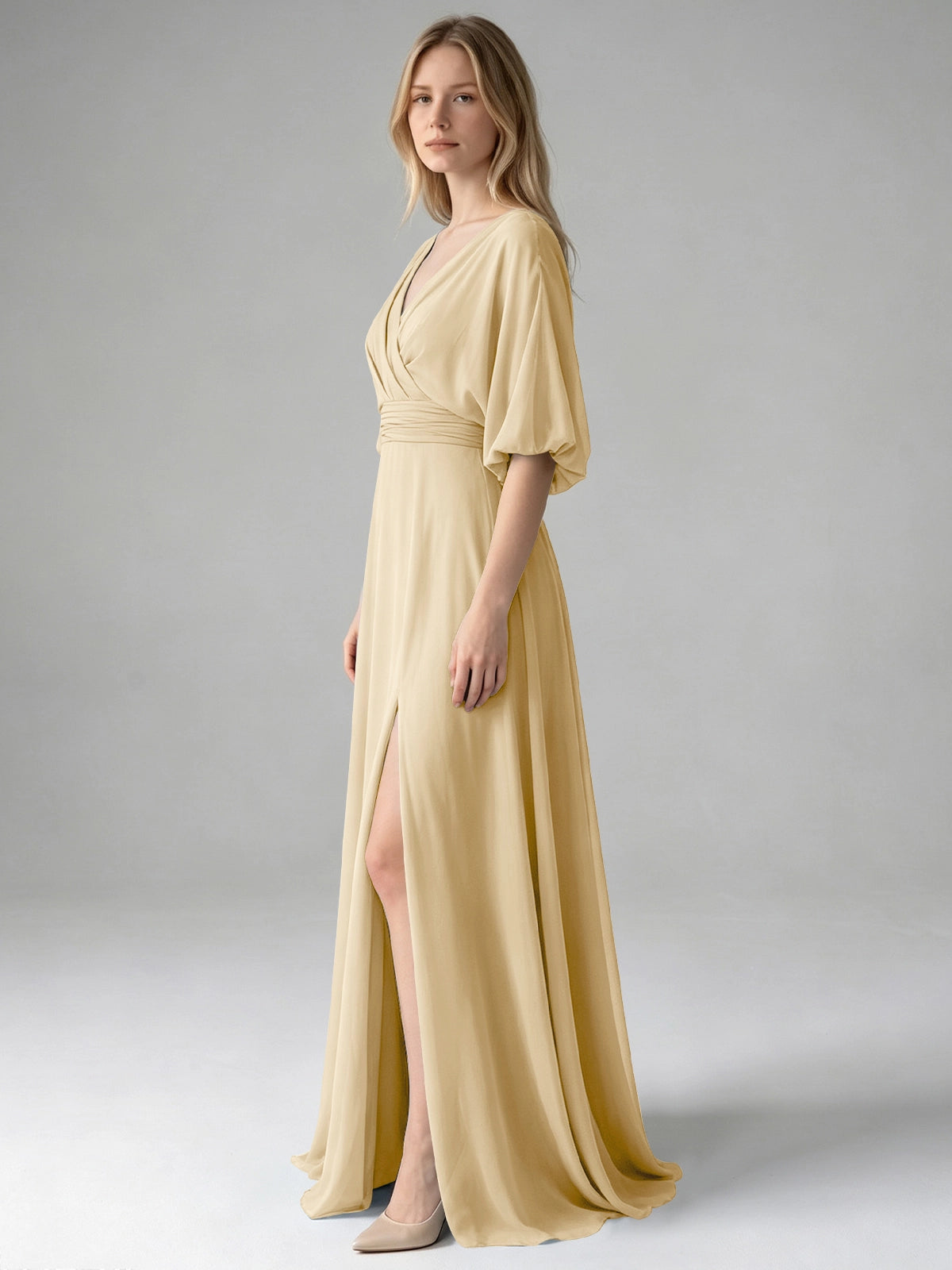 V-neck Slit Ruched Mother Dress 
