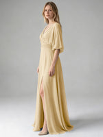 V-neck Slit Ruched Mother Dress 