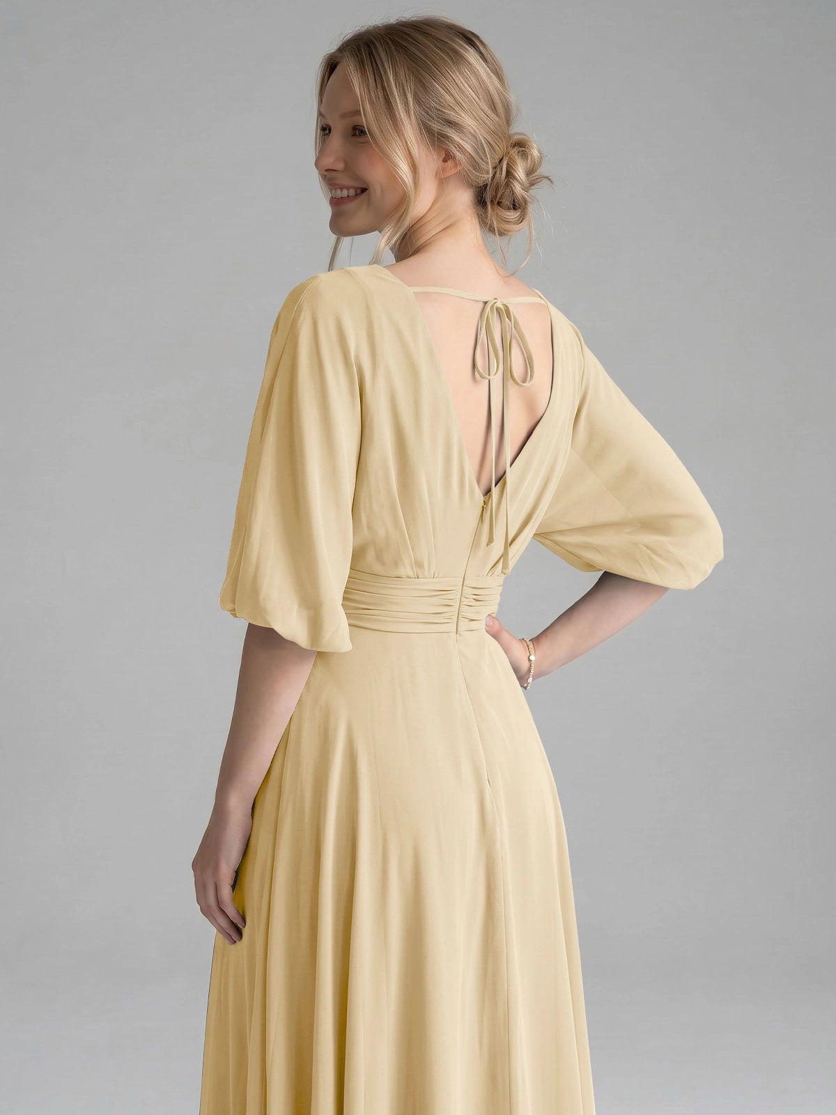 V-neck Slit Ruched Mother Dress 